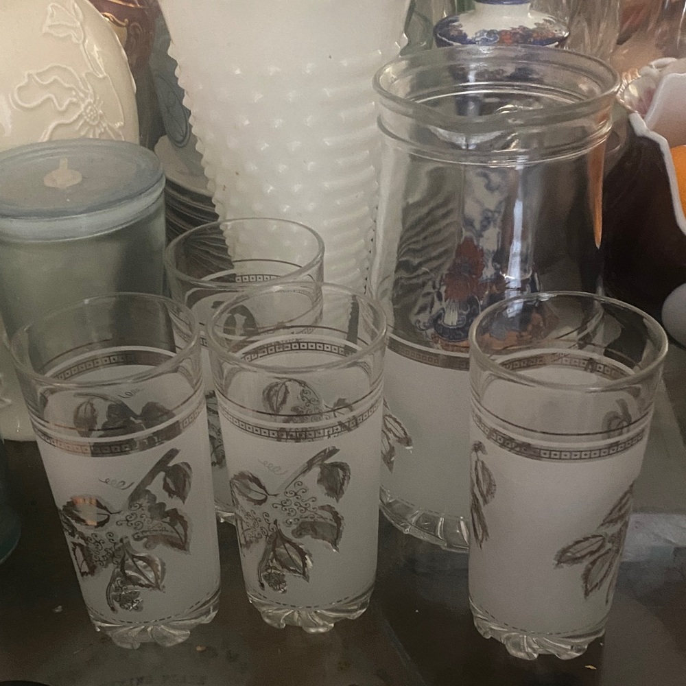 Vintage Frosted Glassware Set with Silver Leaf Design